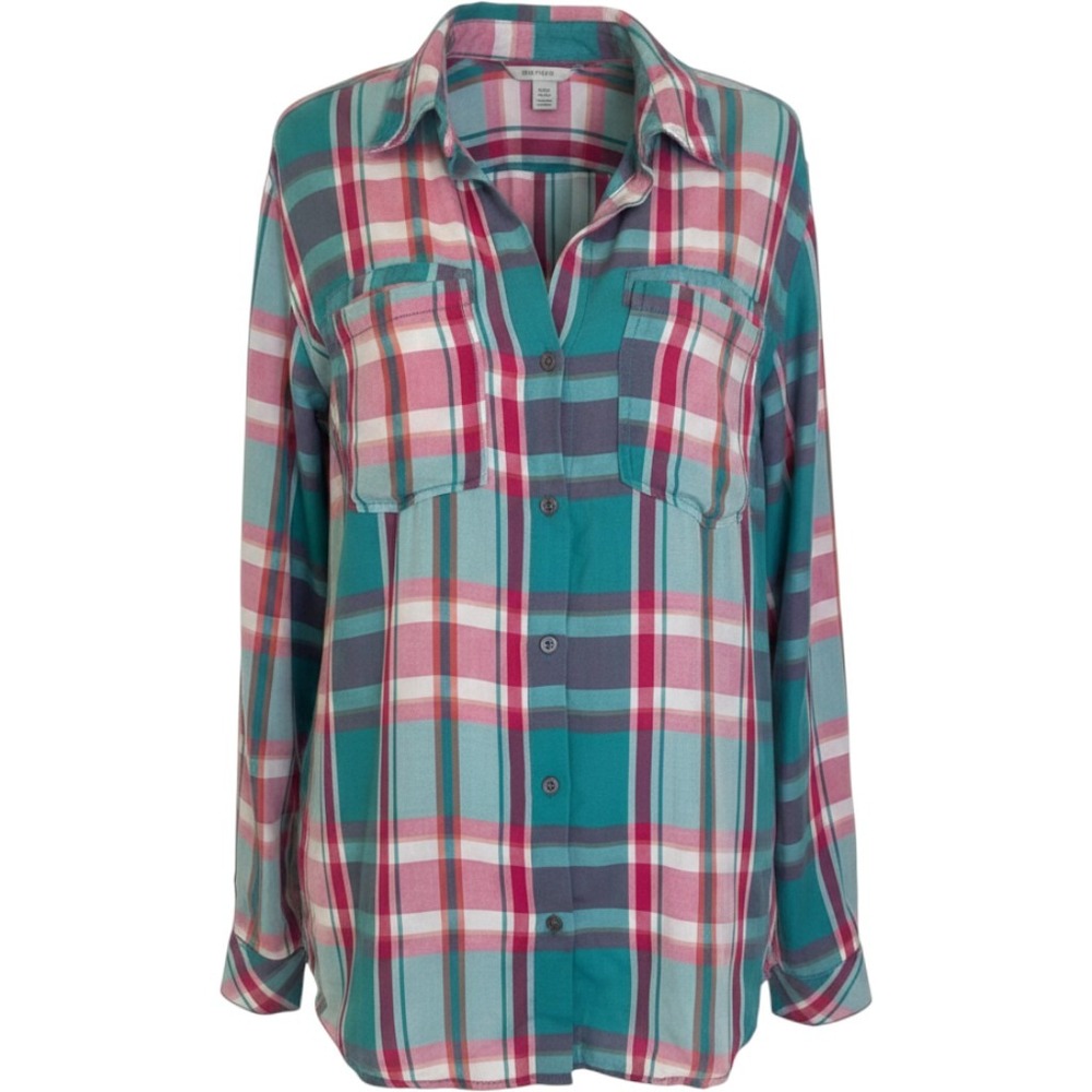 Kut from the Kloth Caillen Flannel Relaxed Button Down Top Pink Aqua Plaid XL - Picture 1 of 14
